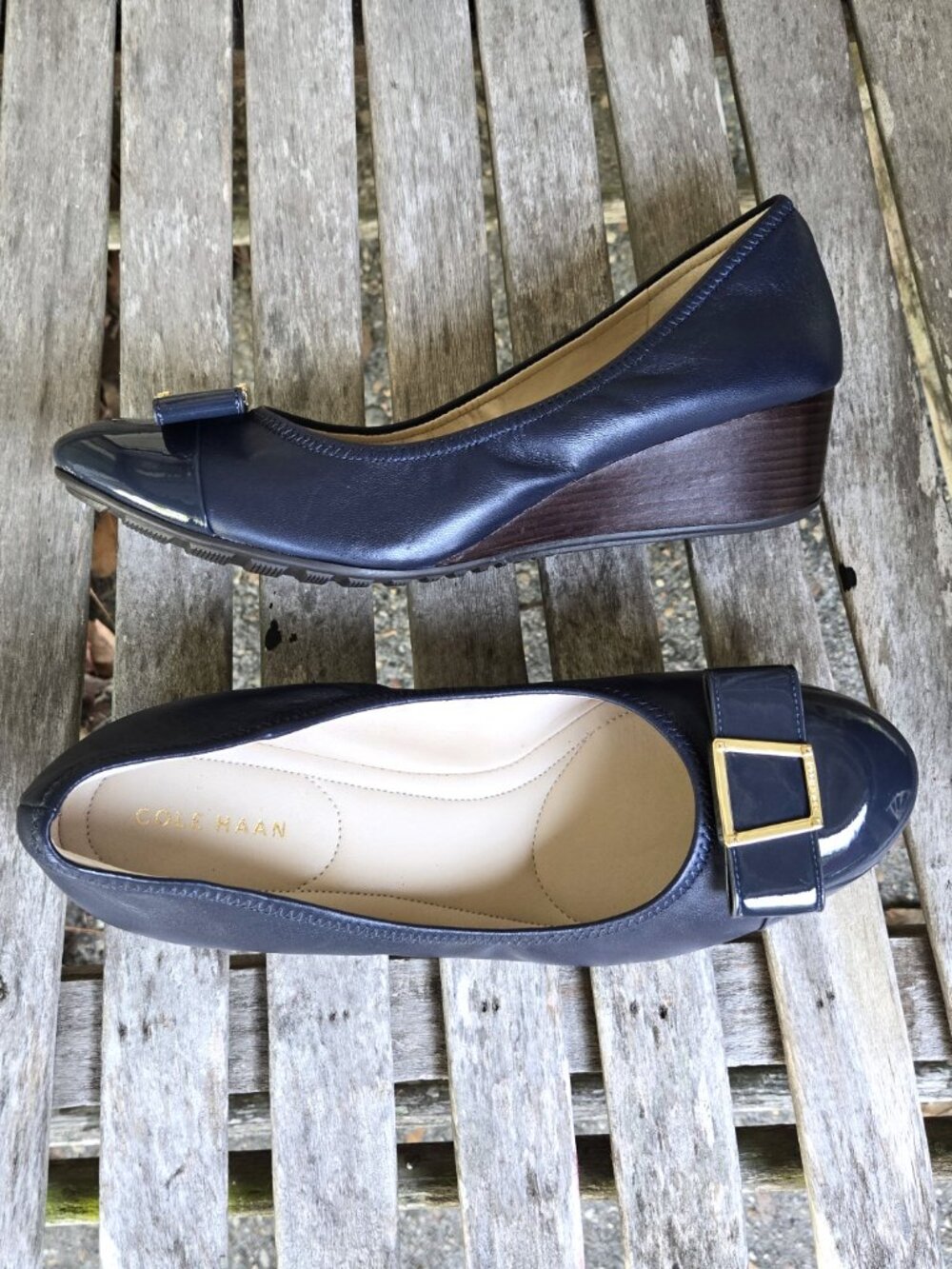 New COLE HAAN Navy Blue Leather Small Wedge Pumps Shoes 8.5